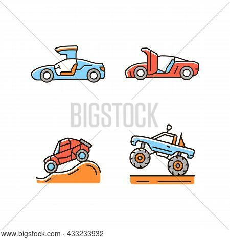 Driving Specially-modified Vehicles Rgb Color Icons Set. Hinge Mechanism. Off Road Racing. Monster T