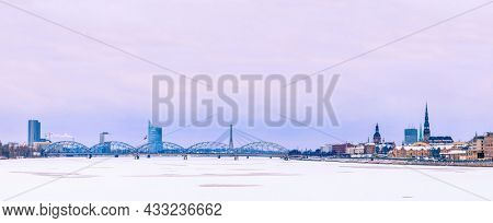 Riga cityline panorama from middle of river Daugava