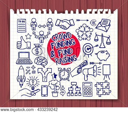 Crowd Funding Doodle Set Hand Drawn With Blue Ball Pen