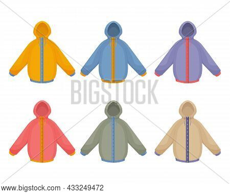A Large Set With The Image Of Warm Autumn Jackets Of Different Colors And Styles. Insulated Jackets 