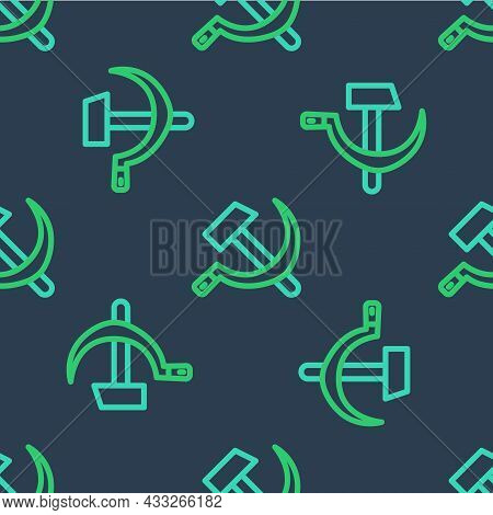 Line Hammer And Sickle Ussr Icon Isolated Seamless Pattern On Blue Background. Symbol Soviet Union. 