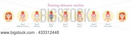 Girl Cleaning And Care Her Face With Various Actions. Evening Skincare Steps. Vector Illustration Se