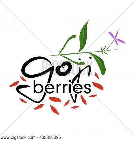Goji Berries Lettering. Plant Colorful Illustration. Isolated Vector.