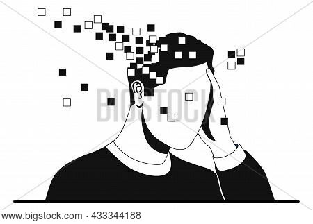 Memory Loss And Dementia Concept. Male Character Holds His Head And Loses Parts Of Brain. Metaphor F