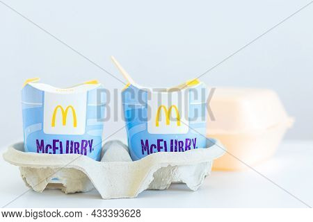 Ice Cream Mcflurry And Snack Box On White Background. Delivery Mccafe. Fast Food Restaurant Mcdonald