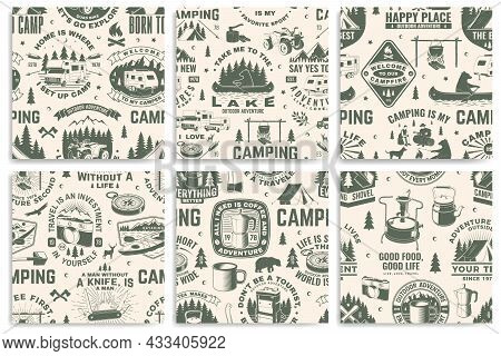 Set Of Outdoor Adventure Seamless Pattern, Background. Vector. Seamless Camping Pattern With Hiking 