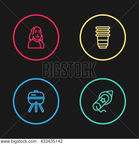 Set Line Barbecue Grill, Firework, Paper Glass And Benjamin Franklin Icon. Vector