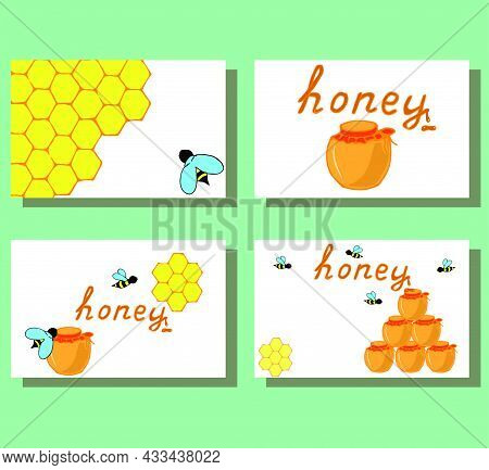 A Set Of Postcards On The Theme Of Honey, With The Image Of A Honeycomb, Bees, A Jar Of Honey, Lette
