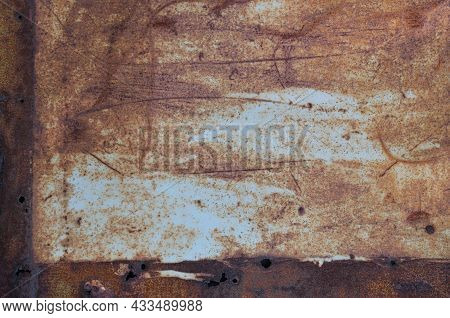 Old Light Blue Painted Grey Rusty Rustic Rust Iron Metal Frame Background Texture, Horizontal Aged D