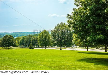 Scenic Of Green Landscape, Public Outdoor Park For Leisure And Picnic In Summer. Greenery Environmen