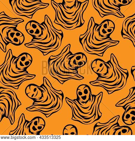Seamless Pattern For Halloween With Cute Ghosts On Orange Background.