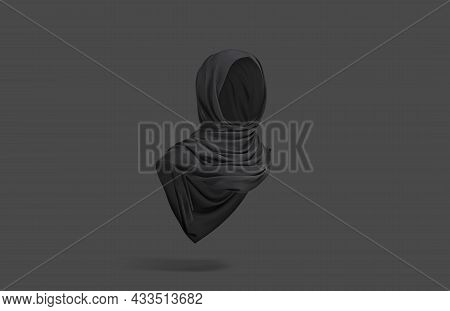 Blank Black Woman Muslim Hijab Mockup, Dark Background, 3d Rendering. Empty Eastern Tube Accessories