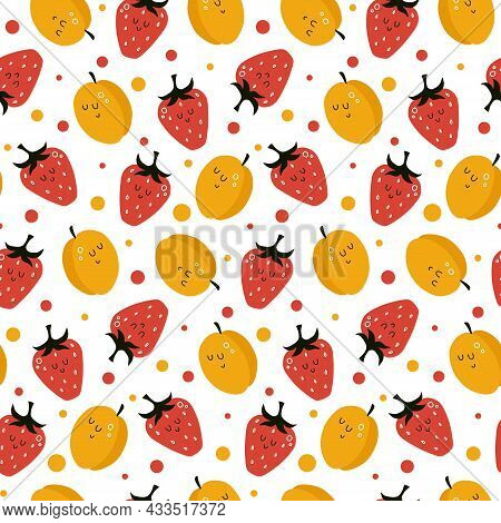 Vector Seamless Pattern With Cartoon Strawberries And Apricots. It Can Be Used As Wallpaper, Poster,