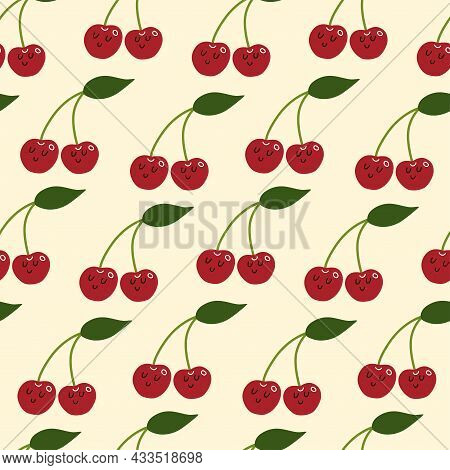 Vector Seamless Pattern With Cartoon Cherries. It Can Be Used As Wallpaper, Poster, Print For Clothe
