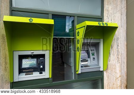 Targu Mures, Romania- 18 September 2021: Two Atm Machines In Front Of The Cec Bank On The Streets.