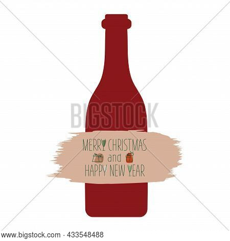 Merry Christmas And Happy New Year Sign With Bottle In Boho Colours. Vector Stock Illustration Isola
