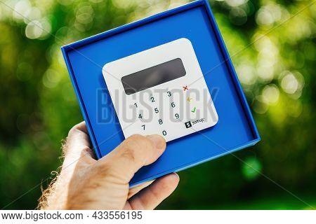 Paris, France - Sep 8, 2021: Unboxing Of New Sumup Emv Card Reader Which Can Read Magnetic Strip, Ch