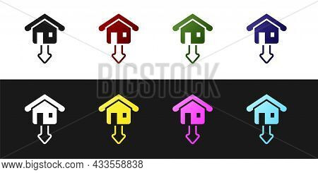 Set Property And Housing Market Collapse Icon Isolated On Black And White Background. Falling Proper
