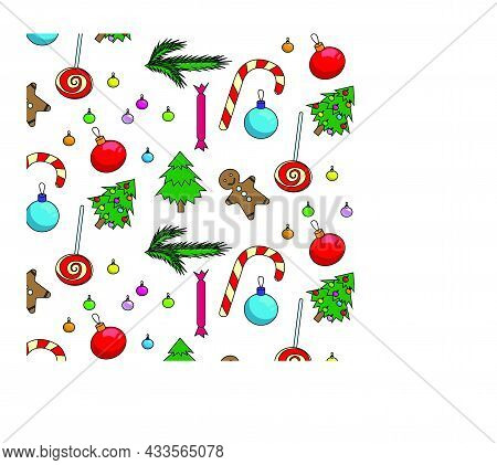 Christmas Pattern With Fir Sprigs, Sweets, Gingerbread Men, Christmas Decorations, Small Christmas T