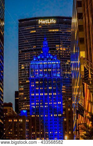 The Helmsley Building Facade In New York City During Twilight. The Helmsley Building Is A 35-story B