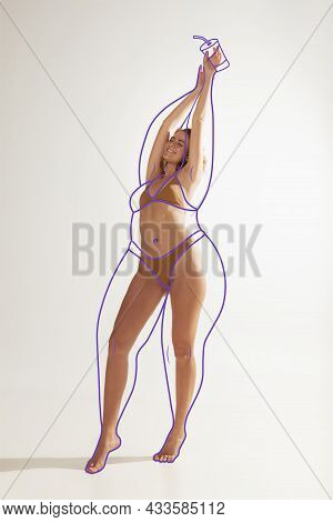 Beautiful Smiling Woman With Perefect Body Shape Isolated Over Gray Background. Sport And Health Con