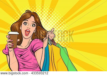 Surprised Happy Woman With Coffee Cup And Shopping Bags In Retro Vintage Pop Art Comic Style