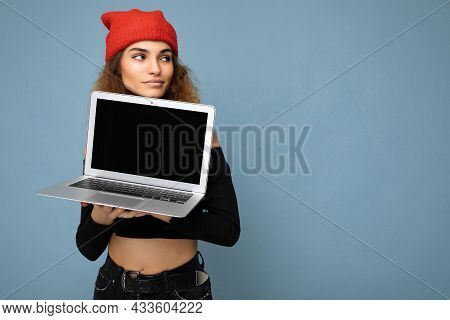 Side Profile Photo Shot Of Beautifyl Funny Happy Young Brunet Curly Female Teenager Wearing Black Cr