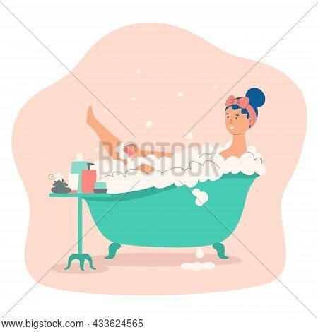 Woman Taking A Bath With Bubble. Hygiene And Beauty, Bodycare. Girl Washes Body.