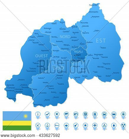 Blue Map Of Rwanda Administrative Divisions With Travel Infographic Icons. Vector Illustration