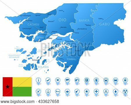 Blue Map Of Guinea Bissau Administrative Divisions With Travel Infographic Icons. Vector Illustratio
