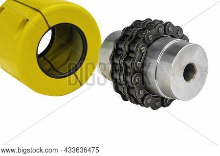 Drive Sprockets And Industrial Drive Roller Chains On A White Background