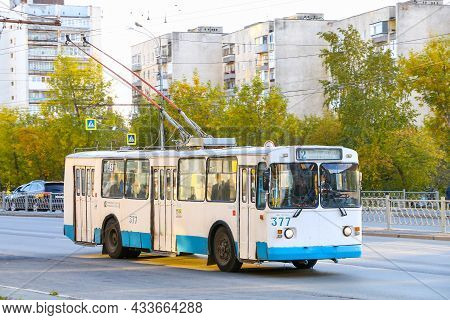 Ekaterinburg, Russia - September 13, 2021: Old White Trolleybus Ziu 682g In A City Street.