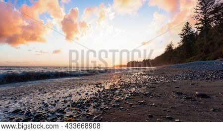 Sandcut Beach On The West Coast Of Pacific Ocean. Sunny Sunset Art Render. Canadian Nature Landscape