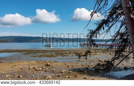 Wooden Pier By The Pacific Ocean West Coast. Sunny Summer Day. Fernwood Point Beach, Salt Spring Isl