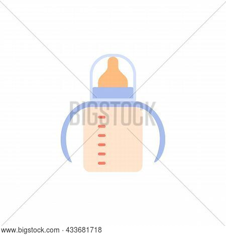 Baby Milk Bottle Flat Icon Isolated On White Background. Color Babycare Object With Nipple. Newborn 