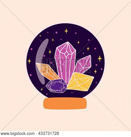 Magic Crystal Ball With Crystals. Crystal Logo Fortune Teller Crystal Ball. Witchcraft Magic Symbol.