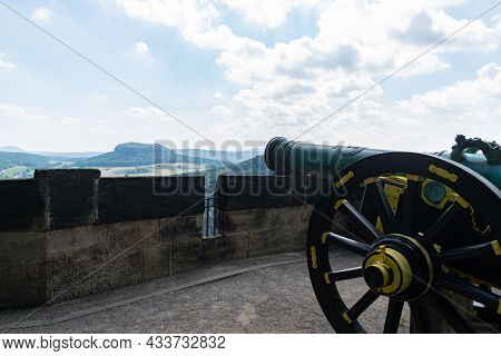 Konigstein Fortress, Germany - 04.04.2021: The Main Subject Is Out Of Focus, Summer Castle Blue Sky 