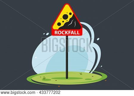 Red Road Sign Rockfall On Nature Background. Flat Vector Illustration.