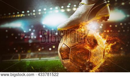 Close Up Of A Soccer Striker Ready To Kicks A Fiery Ball At The Stadium