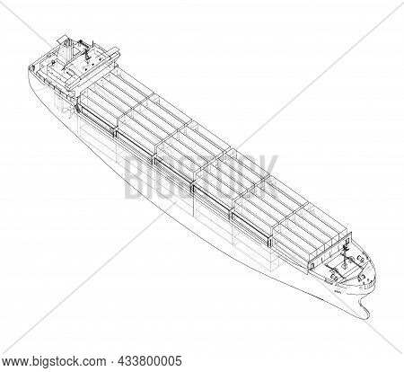Cargo Ship With Containers. Vector Rendering Of 3d. Wire-frame Style. The Layers Of Visible And Invi