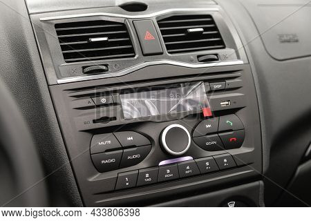 Novosibirsk, Russia - August 31, 2021: Lada Granta, Audio Stereo System, Control Panel