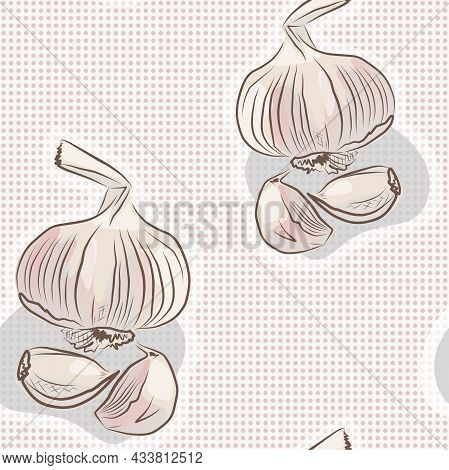 Garlic On A Polka Dot Background. Seamless Pattern. Hand Drawn Vector Picture.