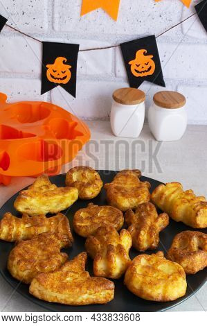 Step-by-step Preparation Of Cottage Cheese Muffins For Halloween. Sweet Cupcakes With Monsters For K