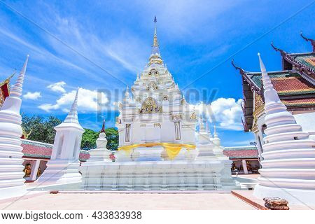 Wat Phra Borommathat Chaiya, Surat Thani White Pagoda About Faith For Worship In Thailand Blue Sky A