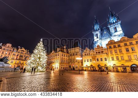 Prague, Czech Republic - December 21, 2020: Christmas Time In Prague. Decorated Christmas Tree On Ol