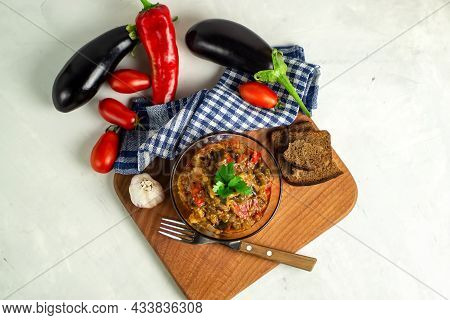 Popular Vegetable Dish Of World Cuisine In A Glass Bowl Top View - Ajapsandali, Pinjur, Stewed Veget