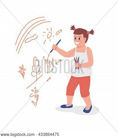 Toddler Girl Drawing On Wall Semi Flat Color Vector Character. Standing Figure. Full Body Person On 