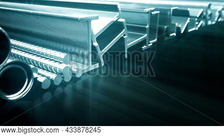Glowing Metal Profile And Reinforcing Steel , Concept Industrial 3d Illustration