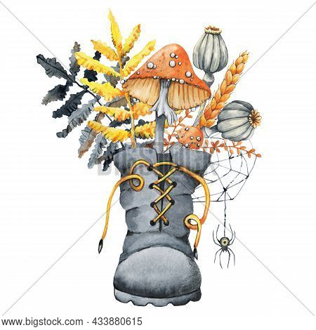 Autumn Bouquet In A Boot For Halloween. Composition With Amanita Mushroom, Toadstool, Poppy, Spikele