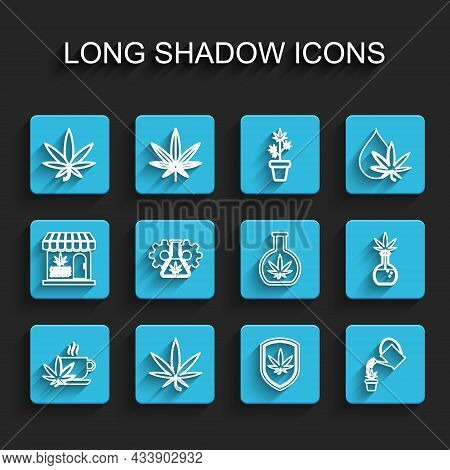 Set Line Cup Tea With Marijuana, Marijuana Or Cannabis Leaf, Shield And, Watering, Test Tube, And Ic